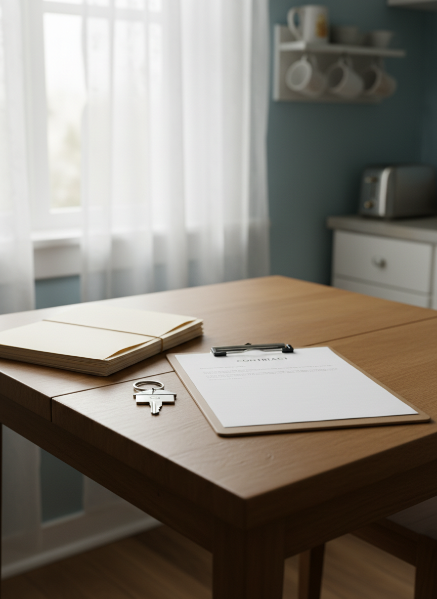 A simple wooden kitchen table inside a modest, older home, neatly stacked with a small pile of manila folders, a metal house-shaped keychain, and a clean, unsigned real estate contract resting on a smooth clipboard. The table sits near a window with sheer curtains, allowing soft morning light to stream in and create gentle highlights on the paper edges and a subtle sheen on the keychain. The background shows a slightly worn but tidy kitchen, intentionally out of focus with a shallow depth of field to keep the paperwork as the main subject. The composition uses asymmetrical balance, placing the contract and keychain in the lower right third. The photographic, clean, and professional style evokes clarity, organization, and a straightforward cash closing process without clutter or stress.