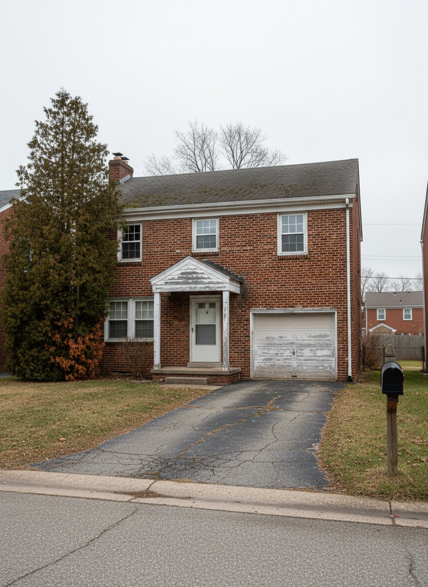 A sturdy, older brick house with some visible wear, such as fading paint on the trim and a slightly overgrown shrub, yet still solid and structurally sound, representing a realistic as-is property. The home sits on a quiet residential street, framed by a basic driveway and a plain mailbox. Soft overcast daylight provides diffused, even lighting with minimal harsh shadows, emphasizing the authentic textures of the brick and roof without dramatization. Shot at a slightly elevated angle to include the roofline and a portion of the front yard, the composition is centered and balanced. The mood is calm, honest, and reassuring, with photographic realism that conveys a no-judgment, no-stress approach to cash home buying.