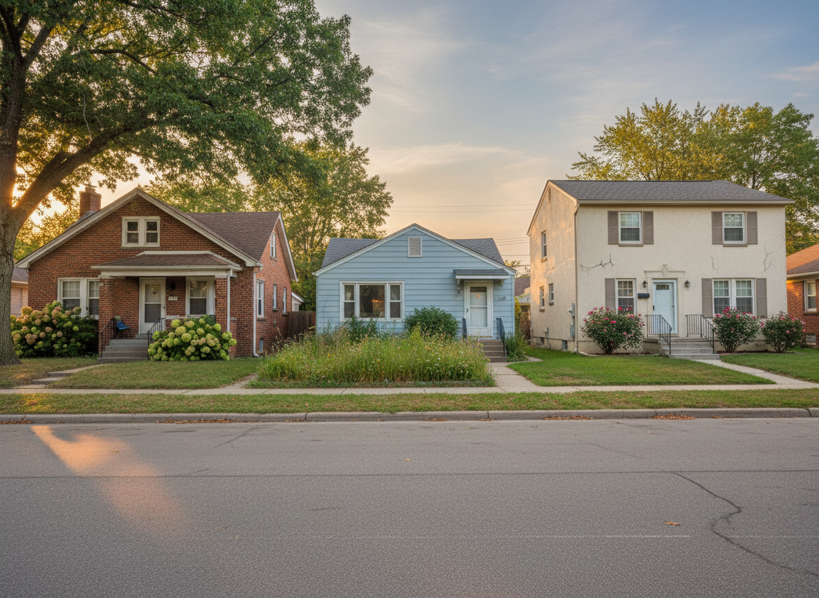 A small collection of different house styles—an older brick bungalow, a compact ranch-style home, and a simple townhome—arranged side by side along a quiet residential street, symbolizing that any house can be sold as-is. The pavement in front is clean, and each property shows subtle signs of age, like slightly faded paint or mature landscaping, but remains well cared for. Early evening golden hour light bathes the scene, highlighting rooflines and casting soft, elongated shadows that add depth without drama. Captured from a slightly elevated wide-angle perspective, the composition keeps all three homes in clear focus, with the sky softly gradient from warm to cool tones above. The photographic, professional style creates an inclusive, reassuring mood that any property condition is acceptable for a cash offer.