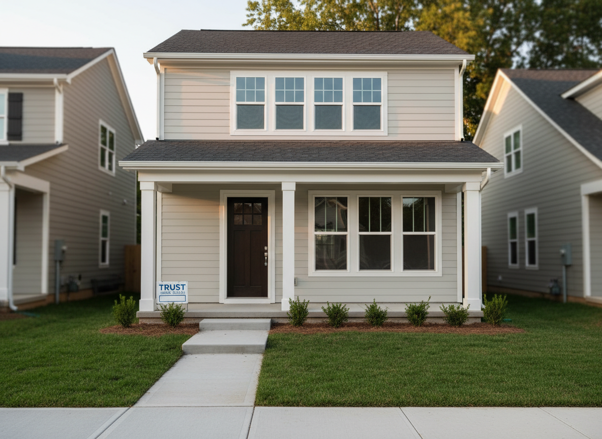 A freshly painted, well-maintained suburban house with clean siding, a tidy roofline, and a simple front porch, photographed from the sidewalk at eye level. The front yard is modest with neatly trimmed grass and a plain concrete walkway, subtly suggesting a property ready to sell as-is. Late afternoon natural light casts soft, warm highlights on the facade and gentle shadows under the eaves, creating an inviting yet professional atmosphere. The surrounding neighborhood is slightly blurred to keep focus on the home, with a shallow depth of field. The composition follows the rule of thirds, emphasizing the front door and windows. The photographic realism and clean, modern aesthetic reflect trust, simplicity, and a stress-free selling experience.