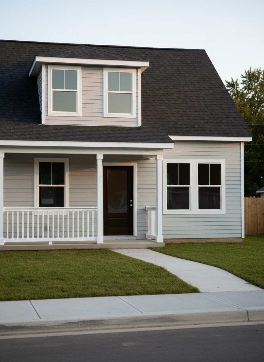 A freshly painted, well-maintained suburban house with clean siding, a tidy roofline, and a simple front porch, photographed from the sidewalk at eye level. The front yard is modest with neatly trimmed grass and a plain concrete walkway, subtly suggesting a property ready to sell as-is. Late afternoon natural light casts soft, warm highlights on the facade and gentle shadows under the eaves, creating an inviting yet professional atmosphere. The surrounding neighborhood is slightly blurred to keep focus on the home, with a shallow depth of field. The composition follows the rule of thirds, emphasizing the front door and windows. The photographic realism and clean, modern aesthetic reflect trust, simplicity, and a stress-free selling experience.
