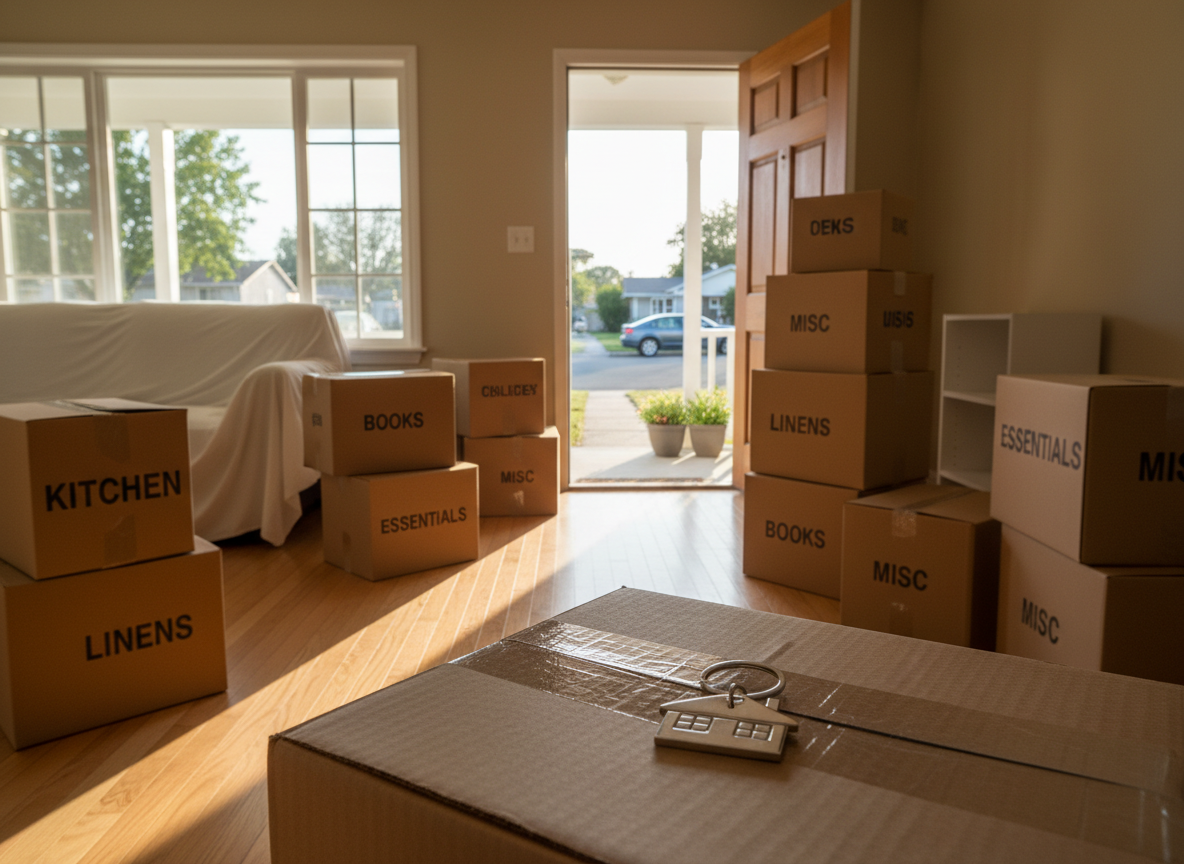 A modest single-story home interior living room, partially packed for moving, with neatly labeled cardboard boxes stacked near an open front door. Through the doorway, a glimpse of the exterior shows a simple porch and residential street. Late afternoon light pours in from the open door and a side window, casting long, soft shadows across a clean hardwood floor and illuminating the muted colors of the walls and boxes. A small metal key ring with a house-shaped keychain rests prominently on a box in the foreground, in sharp focus, while the rest of the room gently blurs, creating a shallow depth of field. The composition follows the rule of thirds, conveying a photographic realism and calm, optimistic mood that suggests an easy, stress-free transition after a cash sale.