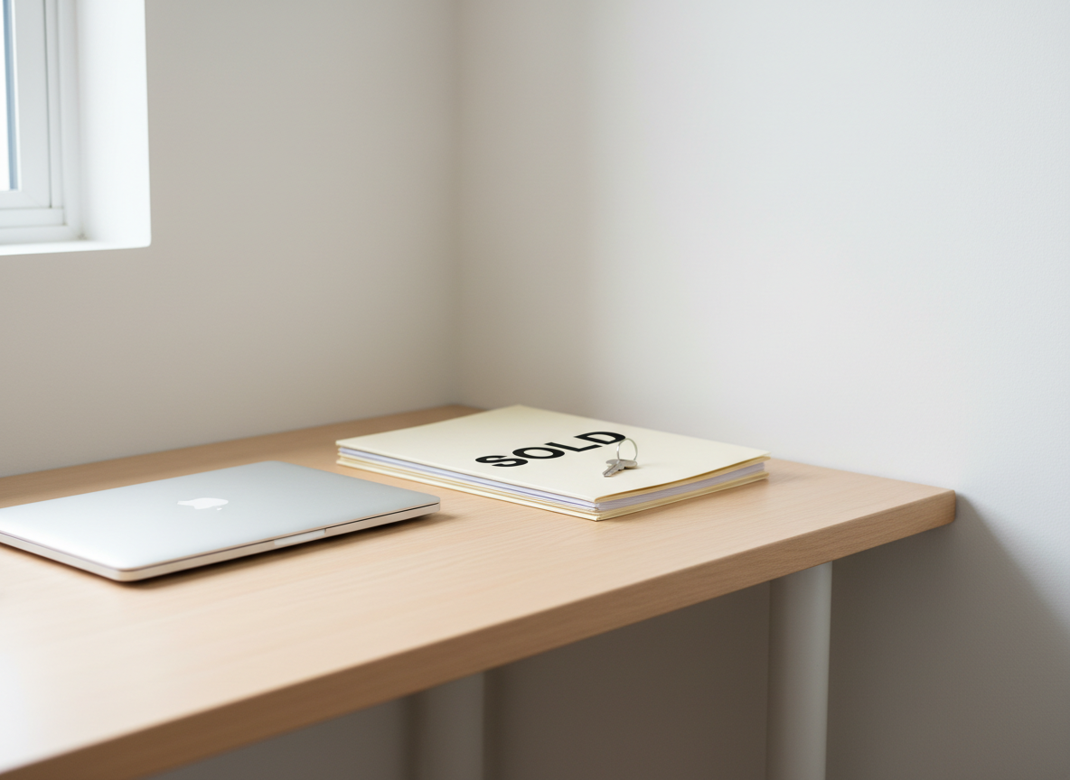 A clean, minimalist home office corner with a simple wooden desk, a closed silver laptop, a small stack of neatly arranged property folders, and a single metal key lying on top of a folder labeled “Sold” in clear, bold lettering. The desk is positioned against a soft white wall with no personal decorations, emphasizing professionalism and focus. Natural daylight from an unseen side window provides bright, even illumination, creating crisp, subtle shadows and a modern feel. The camera is at eye level with a moderate depth of field, keeping all objects on the desk in sharp focus while gently softening the edges of the room. The composition is uncluttered and balanced, supporting a photographic realism and professional, trustworthy atmosphere that reflects a smooth, no-fee cash home buying process.